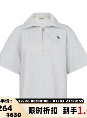 【折扣】RECTO纯色棉质经典刺绣logo女士翻领拉链款短袖上衣