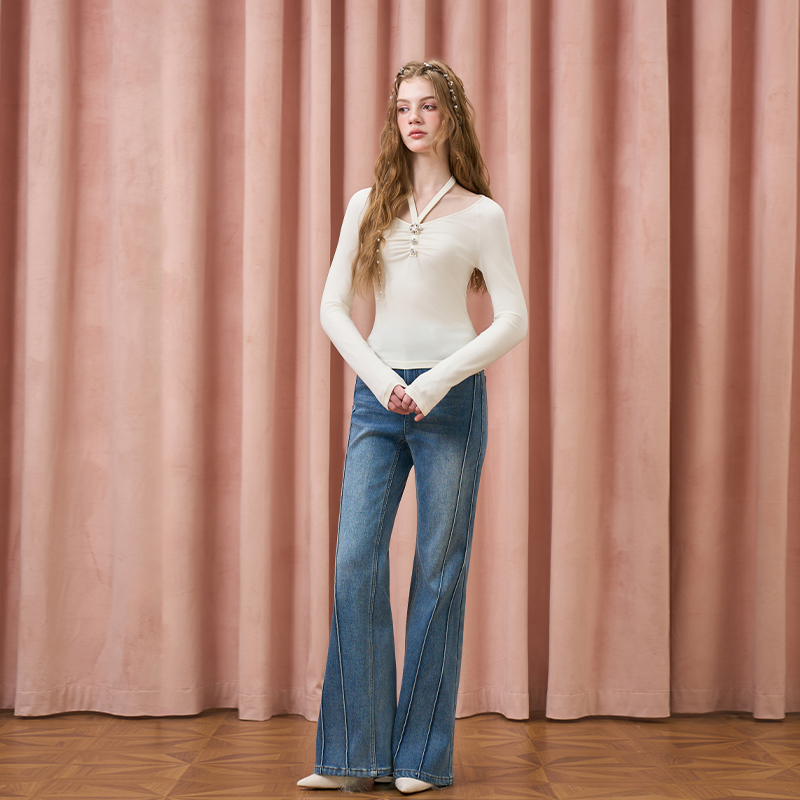 Three Quarters 新款女士蓝色百搭加绒显瘦结构弹力微喇裤 301355