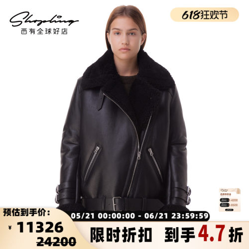 Acne Studios秋冬女款牛皮斜拉链保暖毛领皮夹克外套银泰 301604