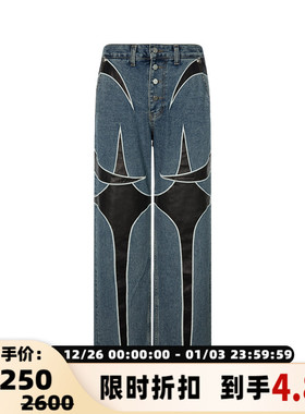 THUG CLUB 24春夏蓝色美式刺绣拼皮潮流宽松男士水洗牛仔裤长裤