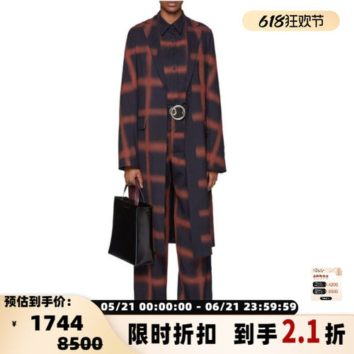 MARNI女士复古时尚格纹喷绘羊毛中高腰直筒长裤休闲裤银泰 301604