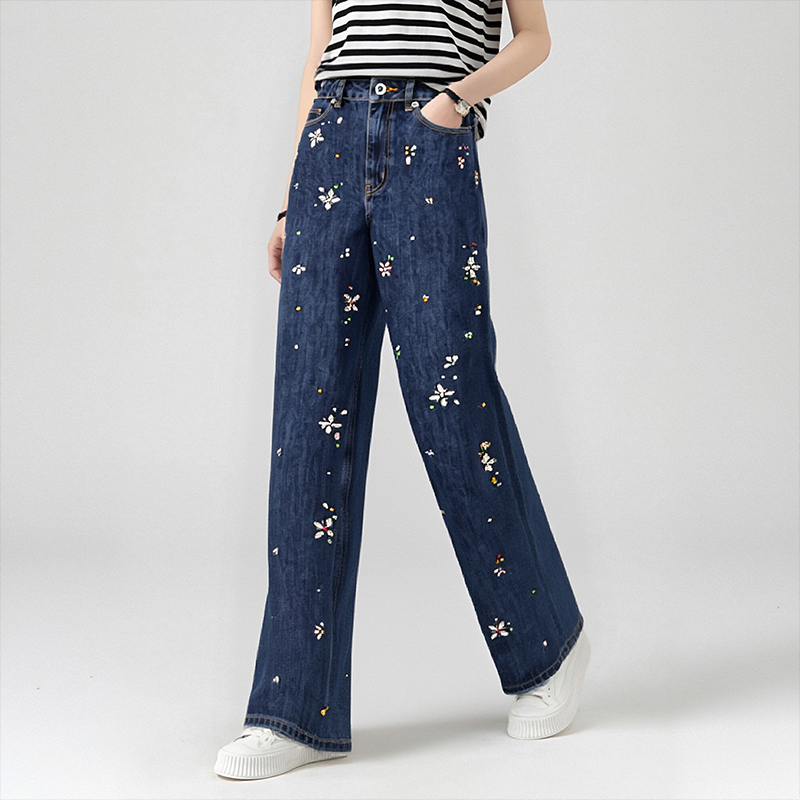 SELF PORTRAIT 新款女士烫钻显瘦直筒牛仔裤拖地裤银泰 300217