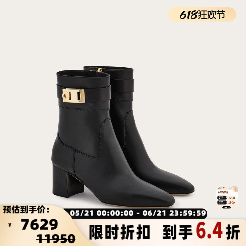 FERRAGAMO 女士黑色皮靴时装靴中跟踝靴短靴银泰百货精品 301574