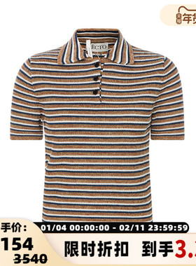 RECTO春季女士暗橙色条纹图案日常休闲针织短袖POLO衫 银泰百货