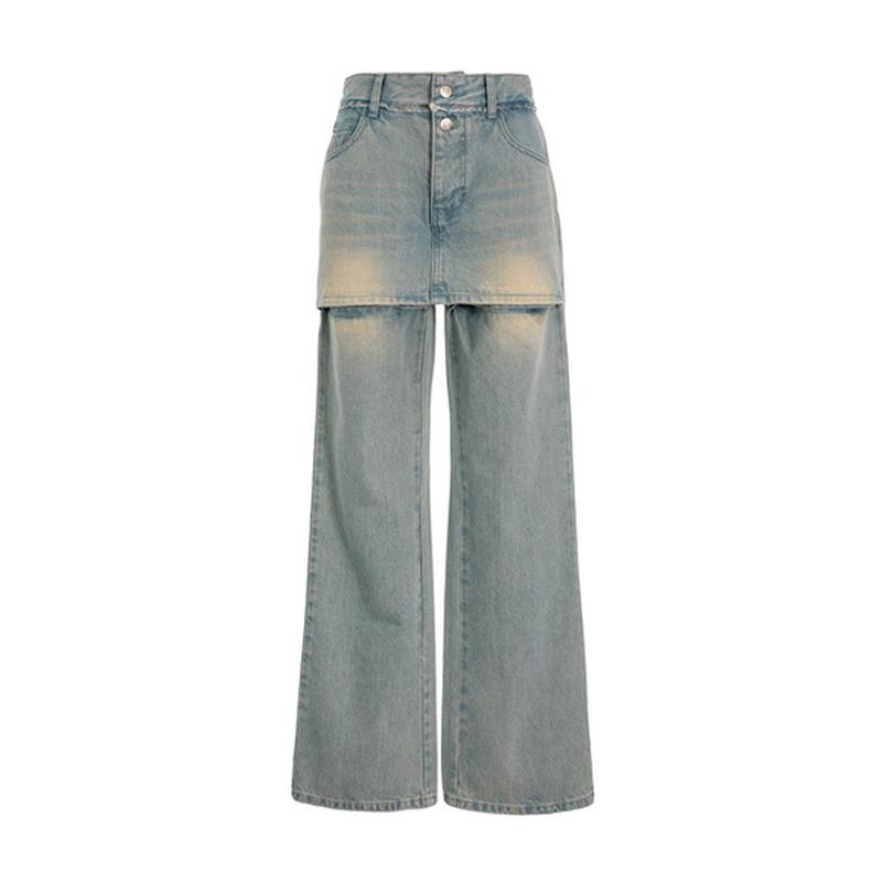 复古做旧色半身裙牛仔长裤套装