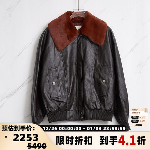 SJYP 秋冬款女士logo印花复古毛领皮夹克银泰百货精品 301596