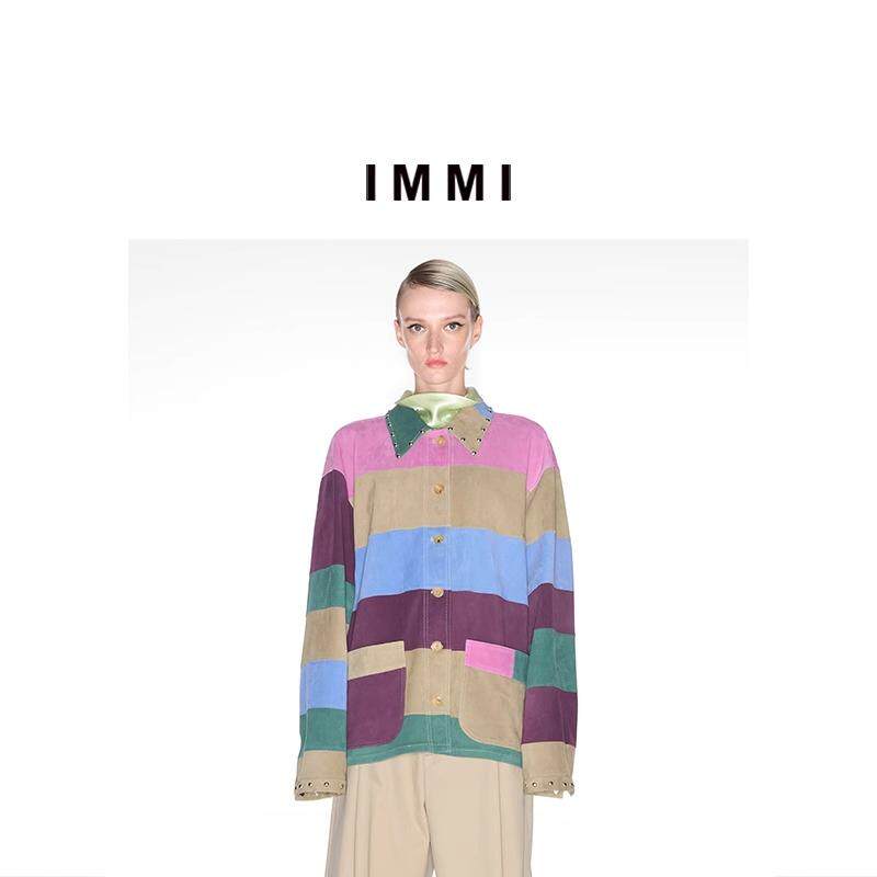 IMMI 秋冬新款女士弹力羊皮拼色衬衫300124