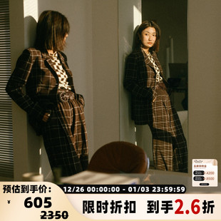 长裤 STINE 女士褐色格子直筒休闲裤 savi同款 银泰 GOYA