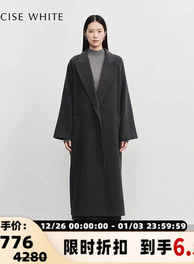 CONCISE-WHITE 秋冬女士黑色长款羊毛大衣外套301257