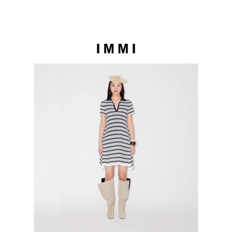设计师品牌 IMMI 女士不规则条纹POLO领短袖连衣裙银泰百货300124