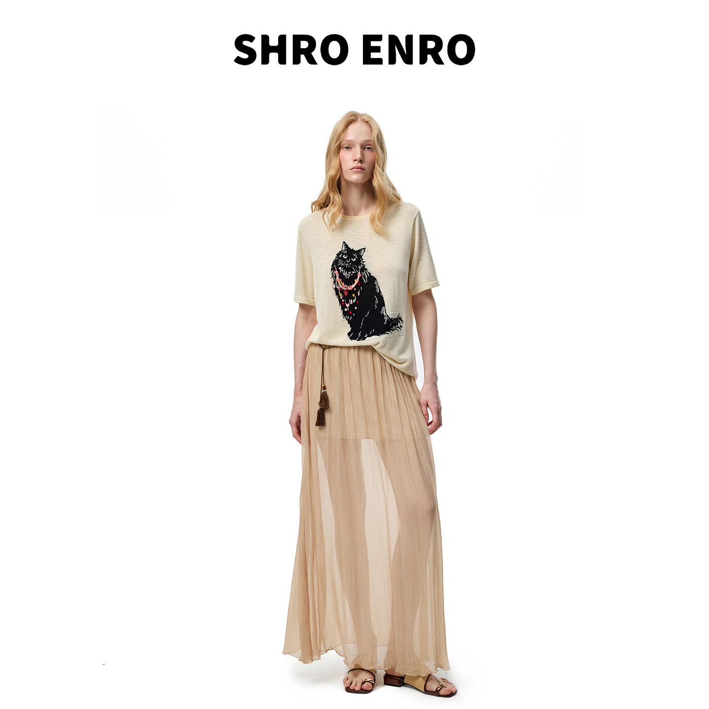 SHRO ENRO26春夏女士度假风流苏腰带抽褶中长款半裙 银泰 301469