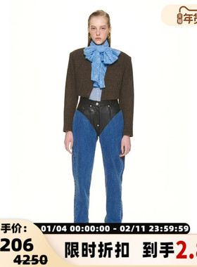 Pushbutton 春夏款女士羊皮拼接锥形拼接牛仔裤银泰百货 301596