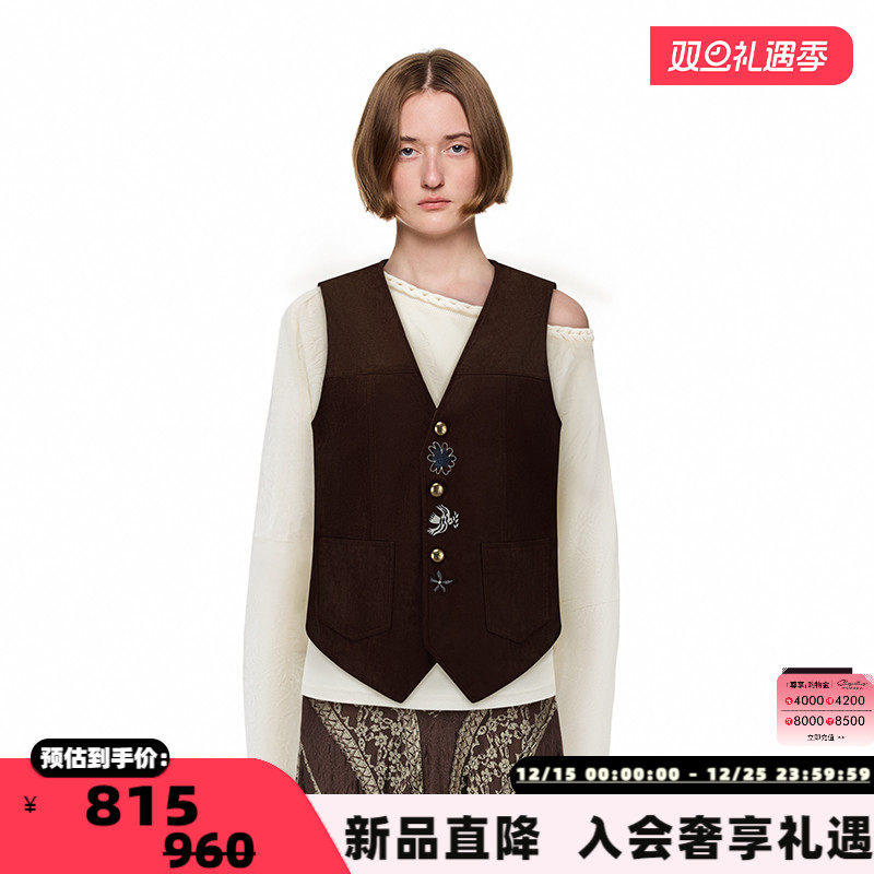 SHRO ENRO复古麂皮飞鸟绣花马甲银泰百货精品 301469