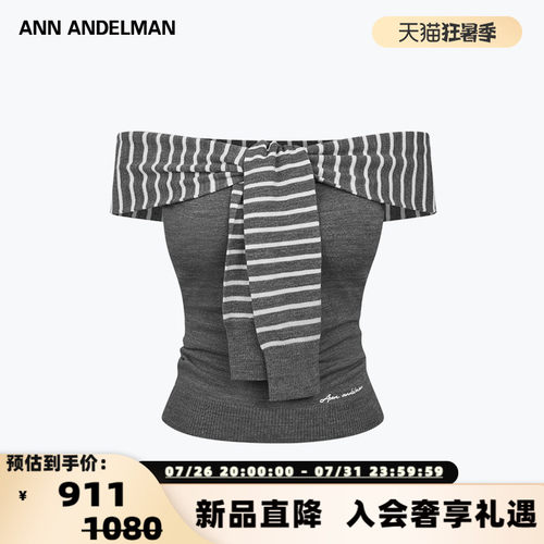 ANN ANDELMAN  新款女士条纹绑带一字肩短袖T恤银泰百货 301286