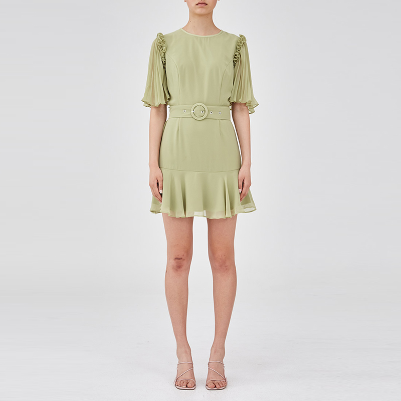 【折扣】KEEPSAKE 绿色木耳边袖口腰带设计女士短袖连衣裙