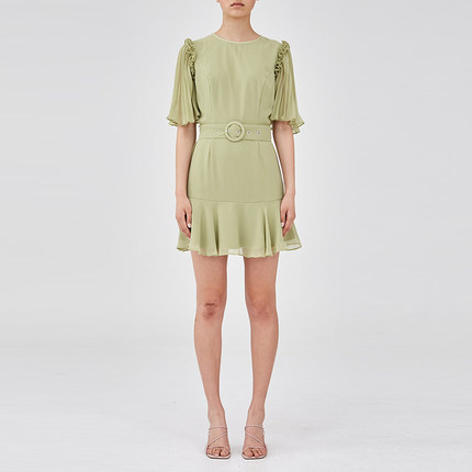 【折扣】KEEPSAKE 绿色木耳边袖口腰带设计女士短袖连衣裙