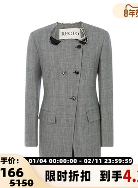 RECTO春季黑/白色日常通勤波浪领格纹图案女士西装外套