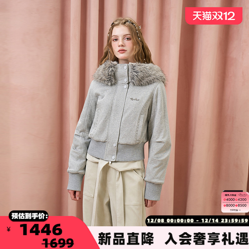 Three Quarters 女士灰色毛绒内里弯刀袖型连帽加厚卫衣 301355