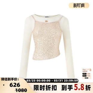 EIMISMOSOL 301489 秋冬女士竖条亮片真两件T恤银泰百货精品