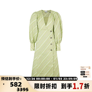 斜条纹塔夫绸V领长袖 女士纽扣泡泡袖 GANNI 裹身连衣裙 折扣
