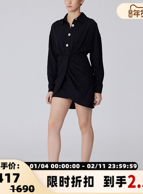 C/MEO 女士通勤休闲衬衫款收腰抽褶设计长袖连衣裙