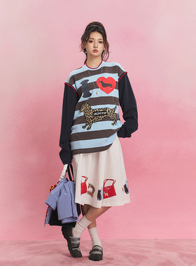 SOFITTE 25春夏女士条纹上衣圆领小狗豹纹贴布绣宽松T恤 301355