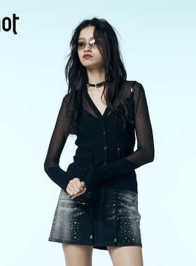 uhot诱货 2025秋冬女士修身网纱拼接针织衫打底衫银泰百货 301590