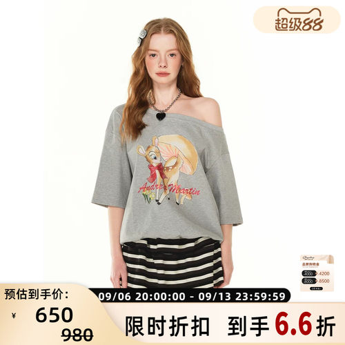 ANDREA MARTIN 女士条纹小鹿印花T恤露肩五分袖上衣 银泰 301489