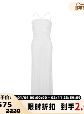 Ninety Percent 春季白色优雅褶皱弹力修身吊带连衣裙银泰百货