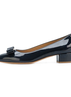 Ferragamo菲拉格慕 女款蓝色皮革蝴蝶结浅口粗跟高跟鞋 301479