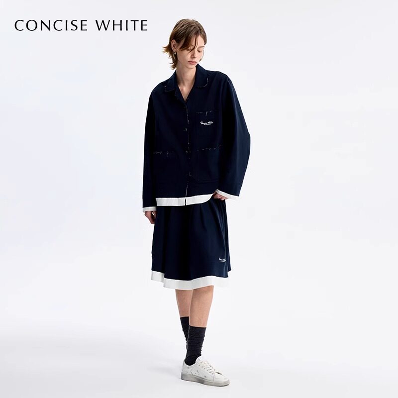 CONCISE-WHITE女士棉质百搭甜美撞色拼接百褶短裙半身裙 301257