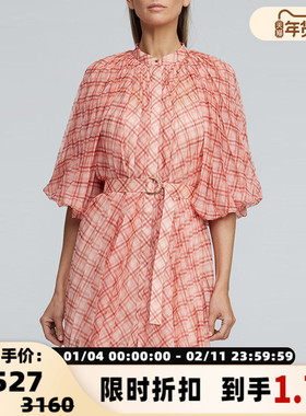【折扣】ACLER 桃粉色格纹图案小立领女士收腰短款连衣裙格子裙