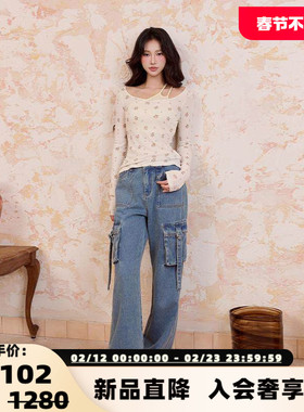 Three Quarters 女士蓝色立体口袋工装直筒牛仔裤银泰百货 301355