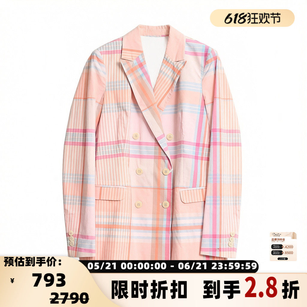 TOMMY HILFIGER女士清新粉调格纹双排扣西装外套 银泰百货 301596