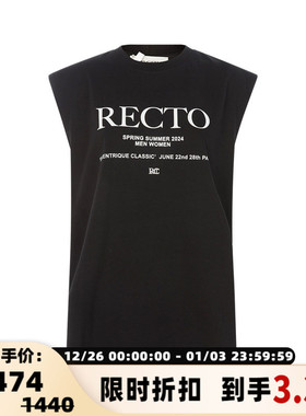 RECTO春季黑色字母印花休闲运动宽松女士圆领无袖上衣背心