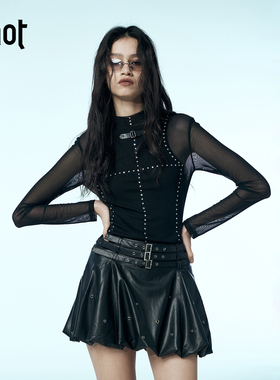 uhot 2025秋冬女士烫钻网纱拼接上衣打底衫银泰百货 301590