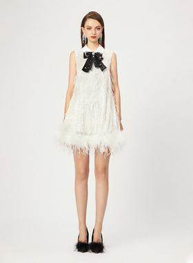 FLONAKED 蝴蝶结装饰高定亮片鸵鸟毛白色连衣裙  300170