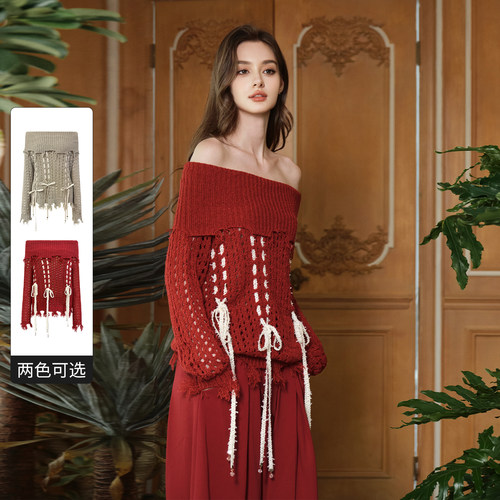 FLONAKED 秋冬新款时尚一字肩宽松烂边女针织衫银泰百货 300170