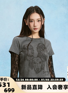 SOFITTE 25春夏新款女士做旧手绘印花蕾丝长袖T恤银泰百货 301355