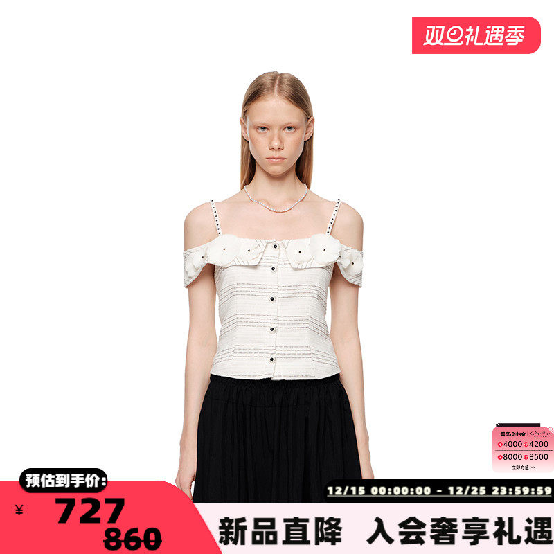 SHRO ENRO 春夏新款立体花朵小香一字肩吊带上衣银泰百货 301469