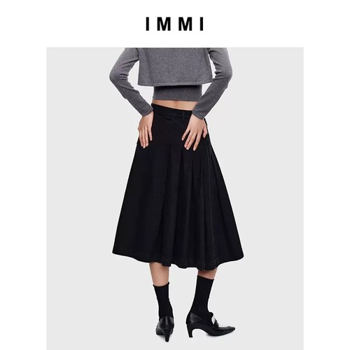 IMMI女士牛仔侧门襟百褶中长半裙