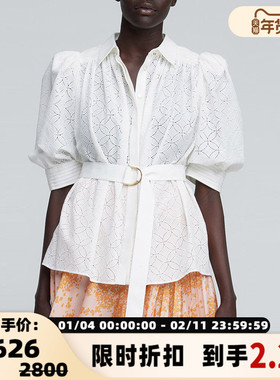 ACLER 白色棉质腰带款单排扣日常通勤女士短袖衬衫上衣