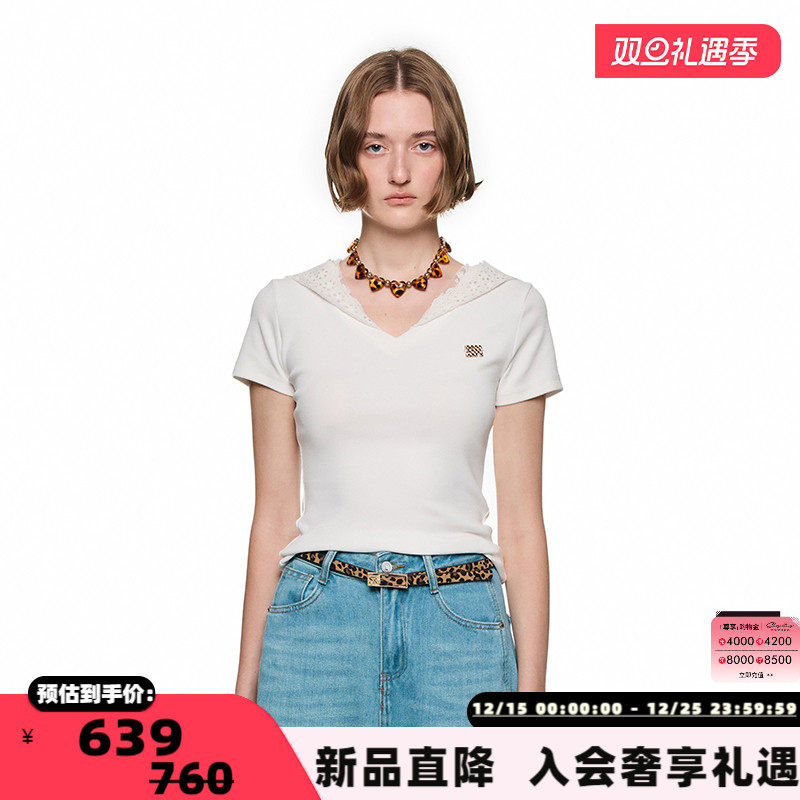 SHRO ENRO 25新款女士蕾丝连帽修身短袖T恤上衣银泰百货 301469