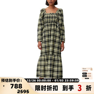 301596 长裙银泰百货精品 GANNI女士潮流格纹泡泡袖 连衣裙中长款