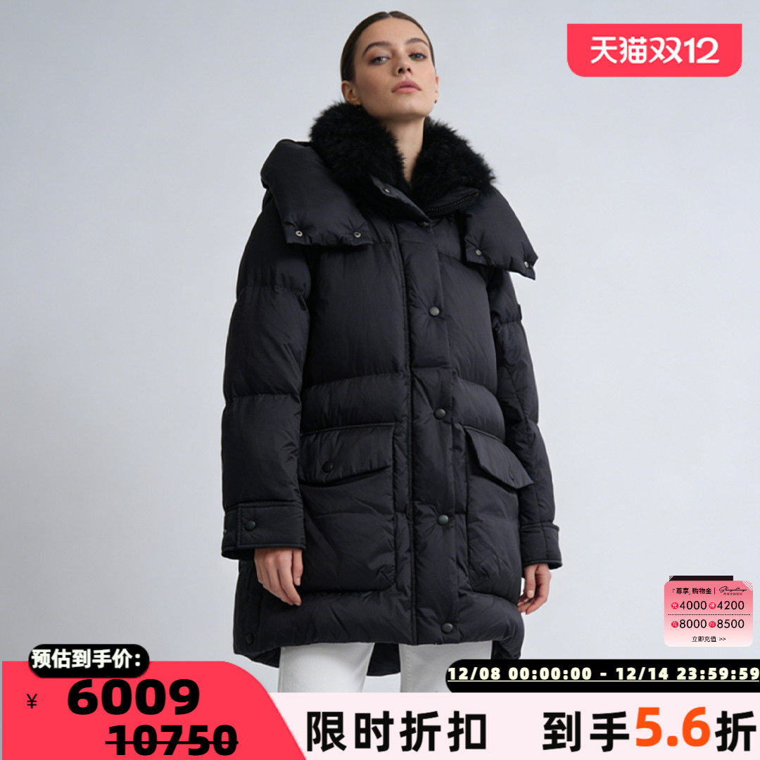 Yves Salomon 秋冬女士黑色修身经典连帽羽绒服银泰百货 301596