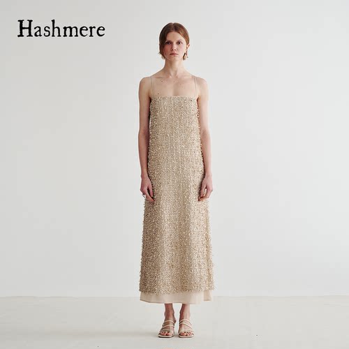 HASHMERE吴昕同款女士哑光肌理亮片拼纱吊带中长连衣裙银泰301612