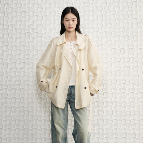简白早秋女亚麻风衣外套