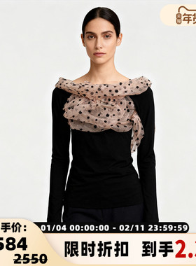 pushBUTTON 秋冬新款女士复古拼接一字肩上衣银泰百货精品 301596