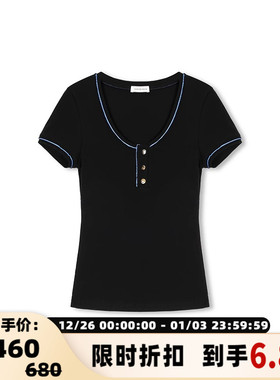 CONCISE-WHITE春夏女士日常通勤圆领金扣拼色短袖T恤银泰 301257