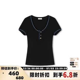 301257 T恤银泰 CONCISE WHITE春夏女士日常通勤圆领金扣拼色短袖